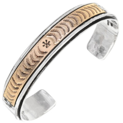 Native Navajo 14K Gold Overlay Bracelet Sterling Silver Cuff Mens