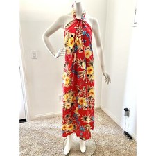 Vintage 1980s Red Island Floral Print Hawaiian Luau Wrap Halter Dress Medium