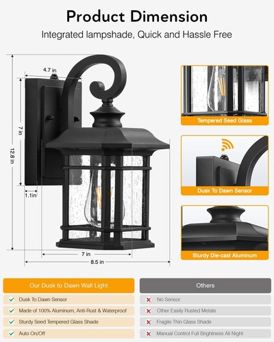 Outdoor Wall Lantern Dusk to Dawn Light Fixture Waterproof Porch Lamp Anti-Rust - Picture 5 of 9
