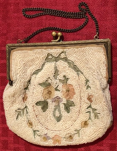 Vintage Beaded Floral Mesh Evening Purse Bag with Chain 4.75”x4.75” - Picture 4 of 10