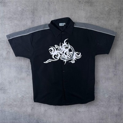 Anfang 00er Identic Goth Y2K Skater Tribal Motiv schwarz grau Kurzarm Shirt XL