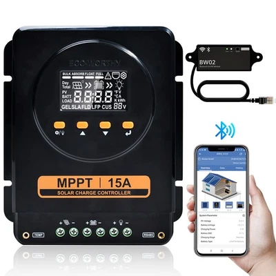 ECO-WORTHY 15A MPPT Solarladeregler 12V/24V Solar mit LCD Display Bluetooth APP Monitor