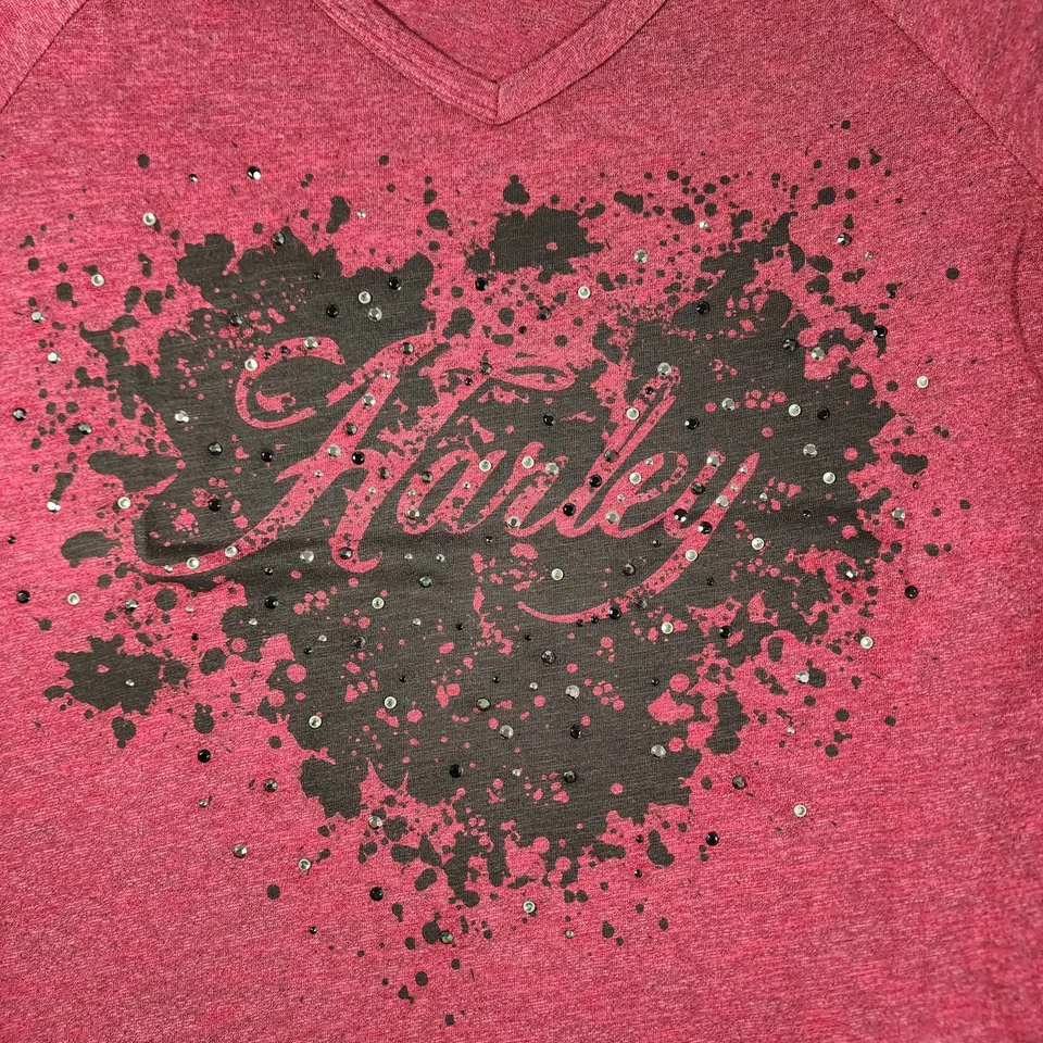 Camiseta Harley Davidson para mujer grande rosa Burnout manga larga cuello en V con pedrería Foto 2 de 4