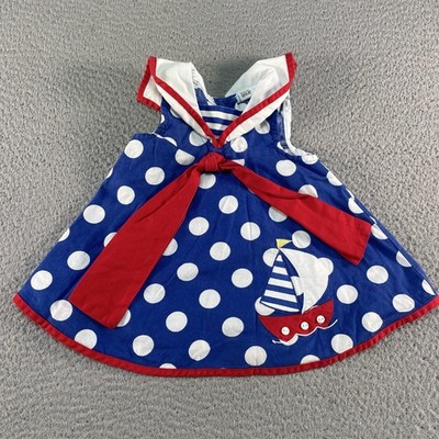 Vintage Sailor Dress Baby Girls 18M Blue Polka Dot Nautical Sailboat A-Line