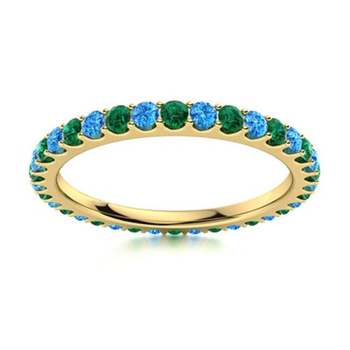 925 Sterling Silver Gold Plated Full Eternity Swiss Blue Topaz & Emerald Ring