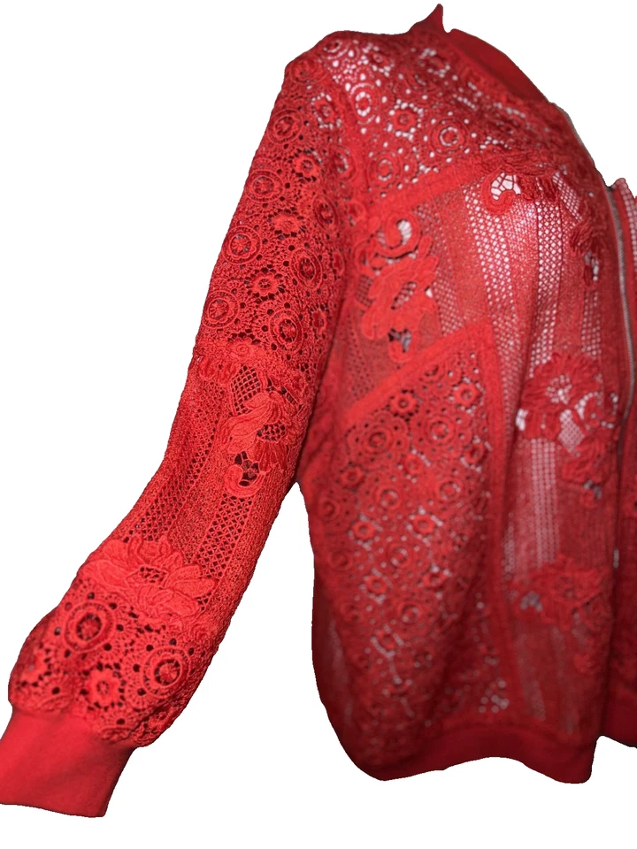 Chaqueta Bomber CHICO'S Talla XXL (4) Rojo Fugitivo LS Cremallera Poliéster Encaje $129 Vaca Foto 3 de 4