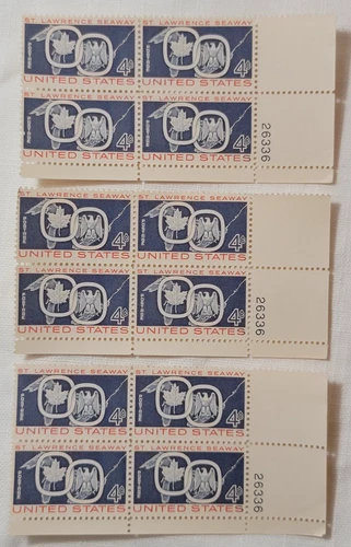 1959 4-cent US stamps St Lawrence Seaway , 3 plate blocks of 4 stamps MNH