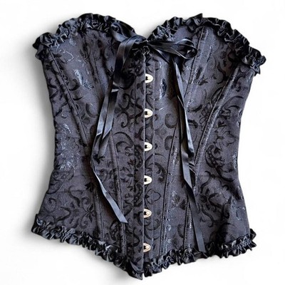Y2K Black Corset Top   Goth Brocade Lace Up Bustier XS