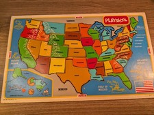 Vtg 1985 Playskool United States Complete Map Wood Inlaid Puzzle Board 40 Pcs