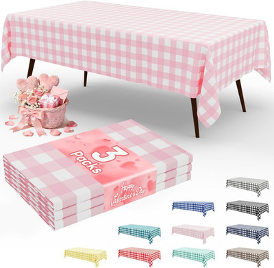 Smiry 3 Pack Pink Gingham Disposable Tablecloths - 54'' X 108'' Heavy Duty Plastic