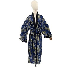 Vintage 90s Blue Gold Reversible Embroidered Black Dragon Kimono Robe