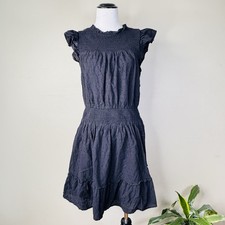 LOFT Size Medium Women's Black Eyelet Smocked Cotton Dress Cap Sleeve Mid Length