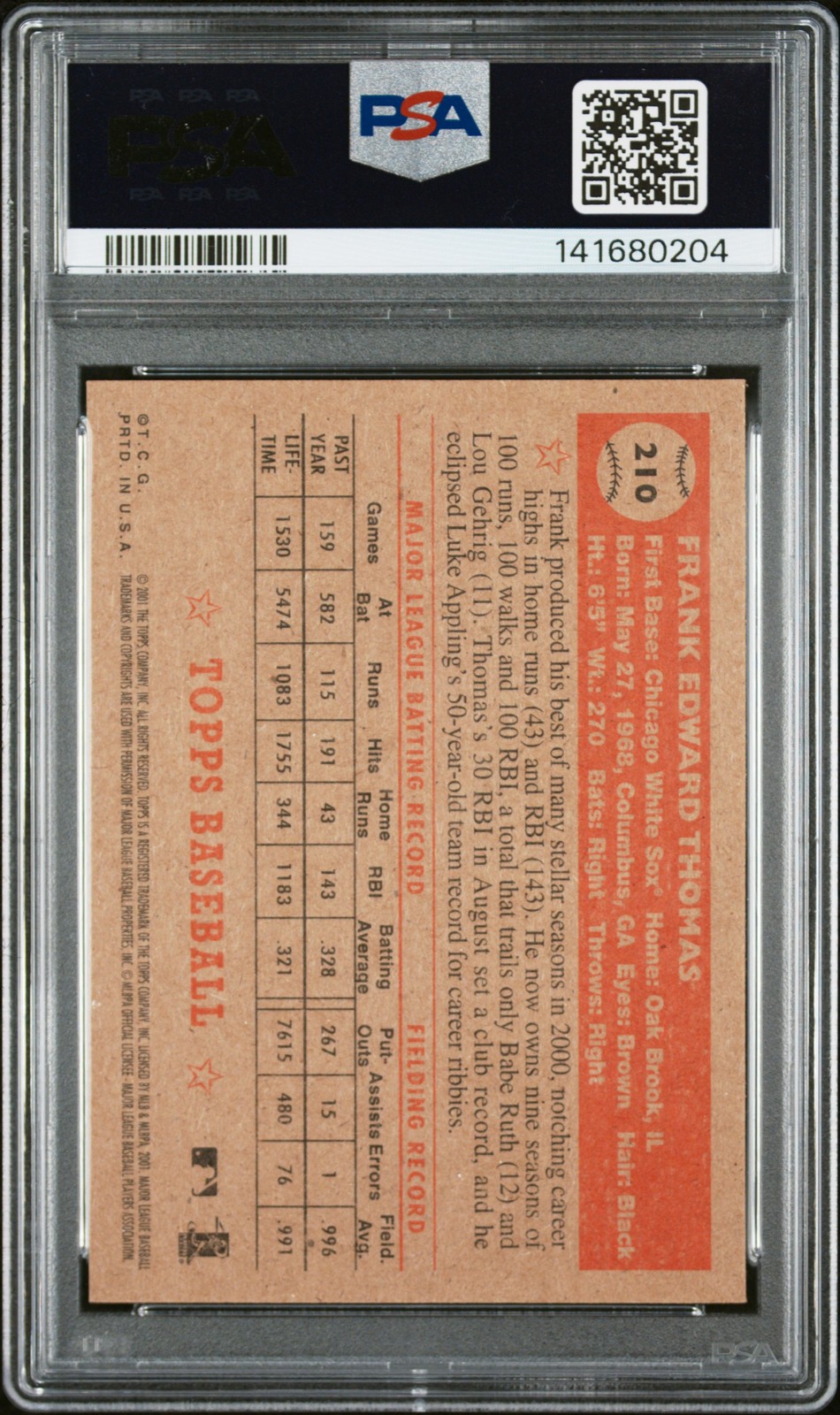 2001 TOPPS HERITAGE #210 FRANK THOMAS PSA AUTHENTIC AUTO 9 view 2