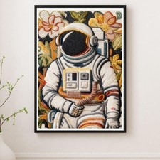 Astronaut Pop 3D Art Embroidered D&eacute;cor Art Re-Print Stretched Canvas RTH 12x16