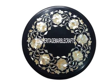 Black Marble Coffee Table Top Floral Work Mosaic Stone Inlay Hallway Decor H3511