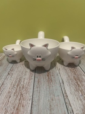 3 X JOIE MEOW WEISSE KATZEN   STAPELBARE MESSBECHER (1 TASSE, 1/2 TASSE, 1/4 TASSE)