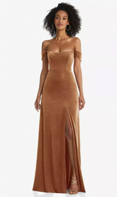 After Six 1551...Off-the-Shoulder Flounce Sleeve Velvet Maxi...Almond...Size 2