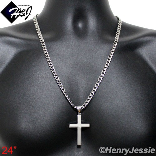 18-40"MEN Stainless Steel 7mm Silver Cuban Curb Necklace Plain Cross Pendant*P64 - 第 3/9 張圖片