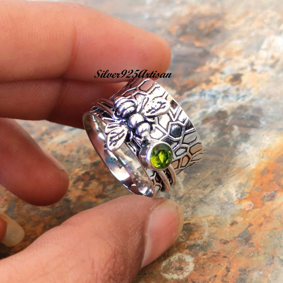 Anillo hecho a mano inquieto de plata esterlina 925 giratorio abeja miel peridoto para mujer SP266 Foto 4 de 4