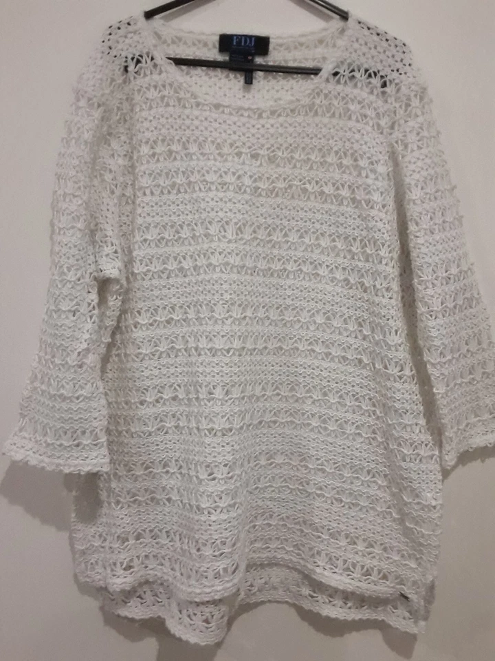 Top FDJ para mujer talla XL blanco encaje algodón manga 3/4 verano playa cubierta Foto 3 de 4