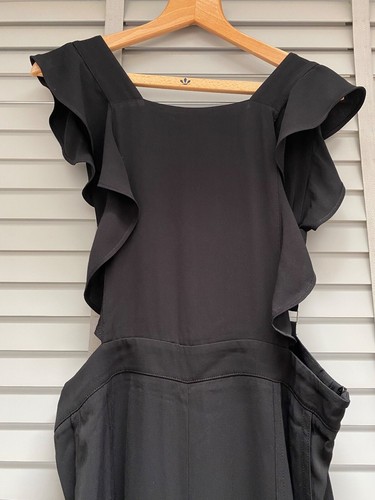 ZARA Black Crop Jumpsuit XL Wide Leg Ruffle Front Pant Suit Dungarees Adjustable - Picture 2 of 10