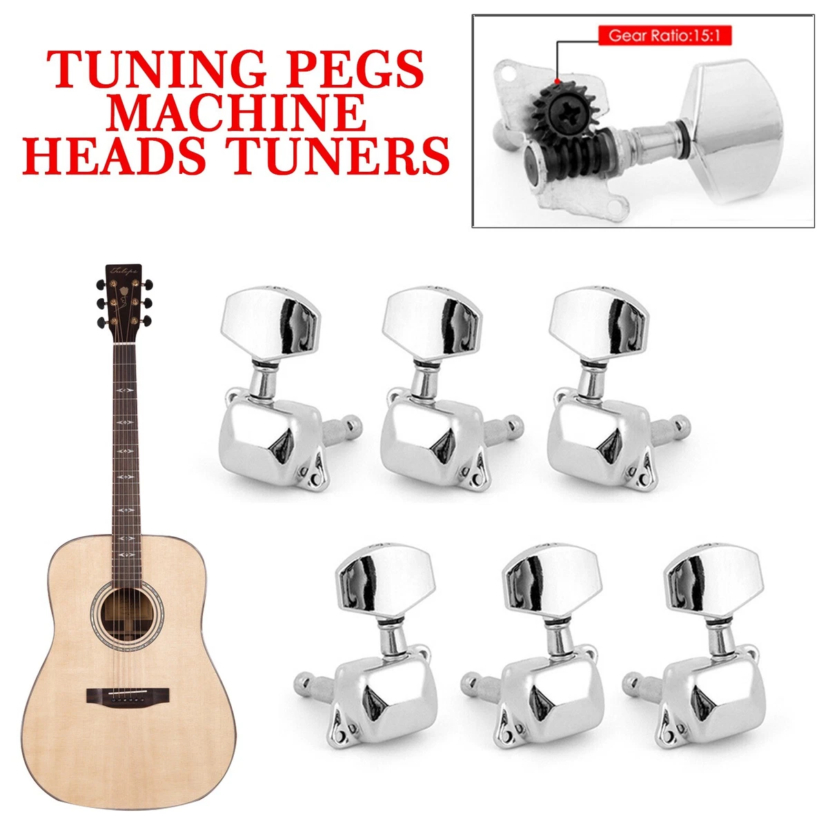 Acoustic Guitar String Tuning Pegs Locking Tuners Keys Machine Heads Chrome 3X3