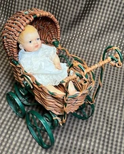 Vintage Small 10" Wood Wicker Buggy Carriage Metal Wheels Stuffed Porcelain Doll