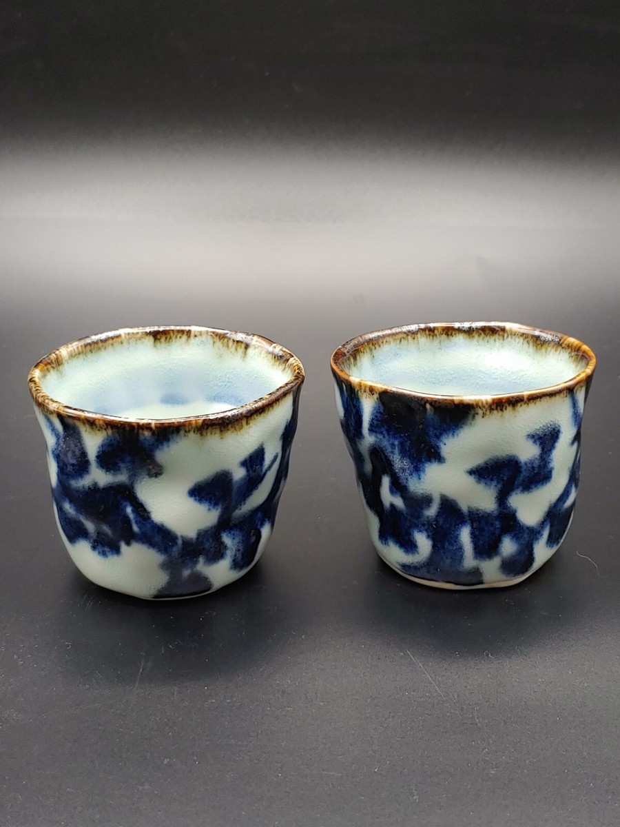 斉山釜　手書き茶碗 青花瓷酱口茶杯 Pair Japanese Handmade Blue And White