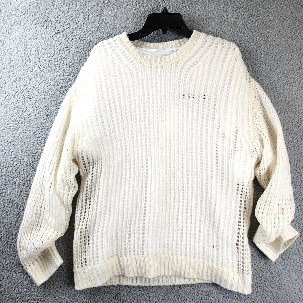 HELMUT LANG Layered Logo Sweater Men s Small Ivory Crewneck L S Pullover