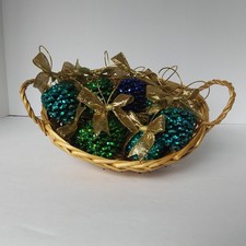 Glittered Pinecone Ornaments Set Gold Bow Blue Green Christmas Tree Decor