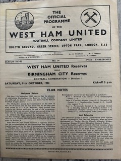West Ham United Reserves v Birmingham City Res. October 11th 1952. Combination