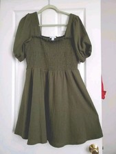 Women's Nine West Puff Sleeve Square Neck Baby Doll Dress Olive Sz Large NWT