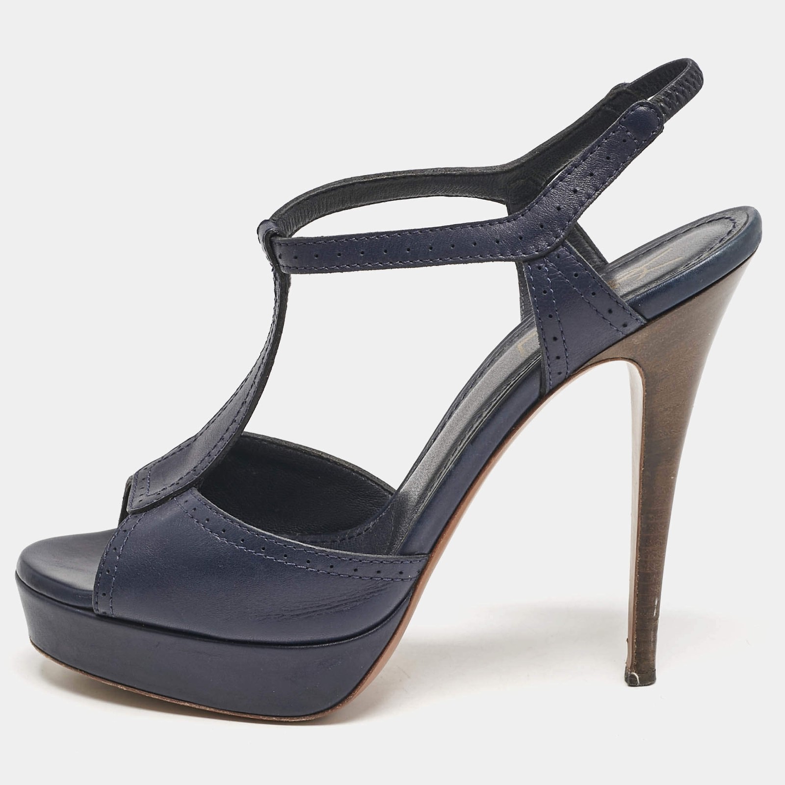 Yves Saint Laurent Navy Blue Leather T Strap Platform Sandals Size 385