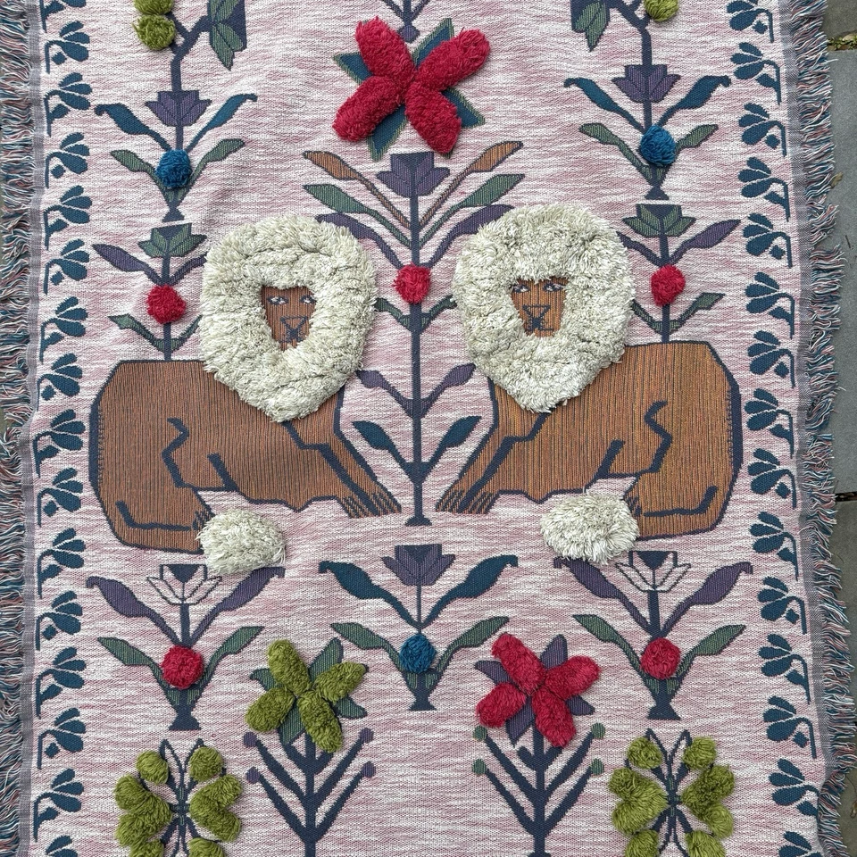 Anthropologie Handcrafted Barbary Throw Blanket Lions 50x60 Tufted Embroidered - Image 3 of 4