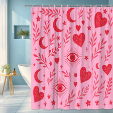 Cute Pink Heart Shower Curtain with Moon and Stars Design