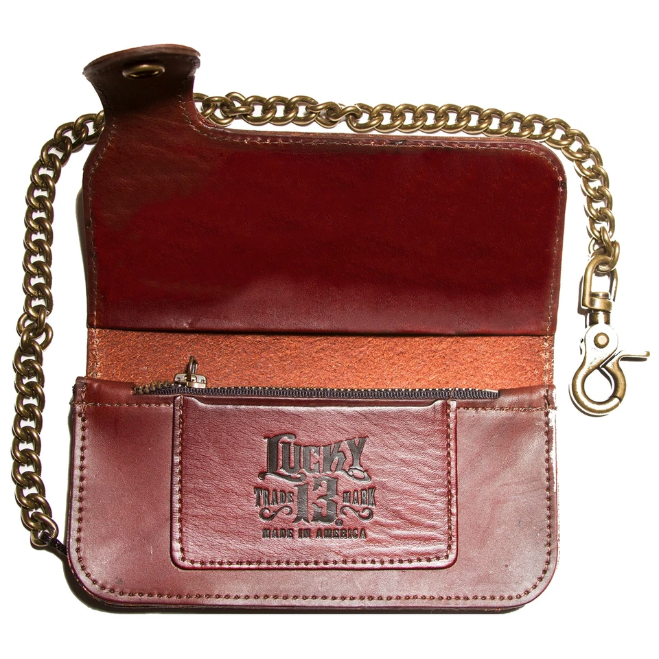 Cartera de cadena LUCKY 13 High Roller cuero genuino en relieve de 7" envejecida NUEVA Foto 2 de 3