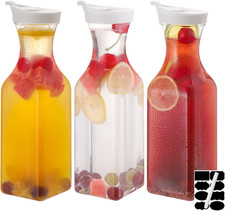 3 Pcs 32 Oz Plastic Water Carafe Pitcher with Flip Top Lid, Square Base Juice...