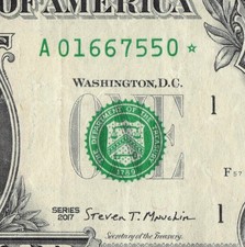 Series 2017 Star Note A Boston 3.2 M Pack Note Run $1 Dollar Bill DC A01667550*