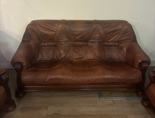 Classic Three-Piece Leather Sofa & Two Armchairs - Collection Only