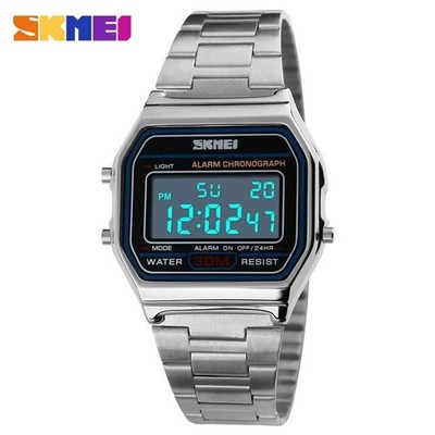 SKMEI Herren Uhr Digital Business Retro Edelstahl Rechteck LED Wasserdicht