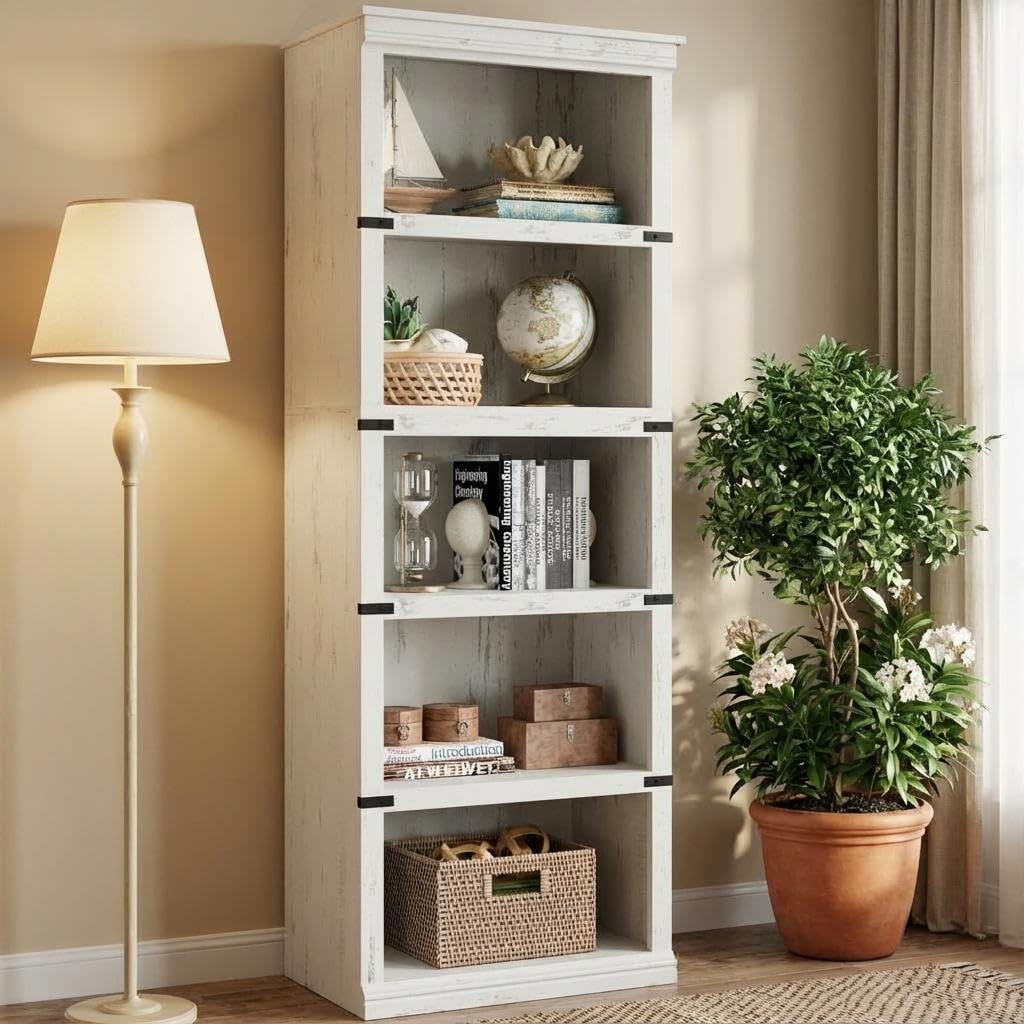 5 Tier Wooden Bookshelf 67.4 Inch Tall Real Wood Office Shelf