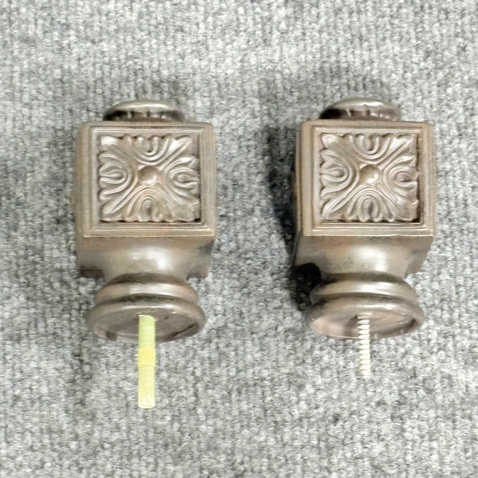 Pair Robert Allen Finials Ornate Square Vintage Style Carved Floral Decor