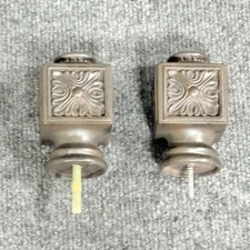 Pair Robert Allen Finials Ornate Square Vintage Style Carved Floral Decor