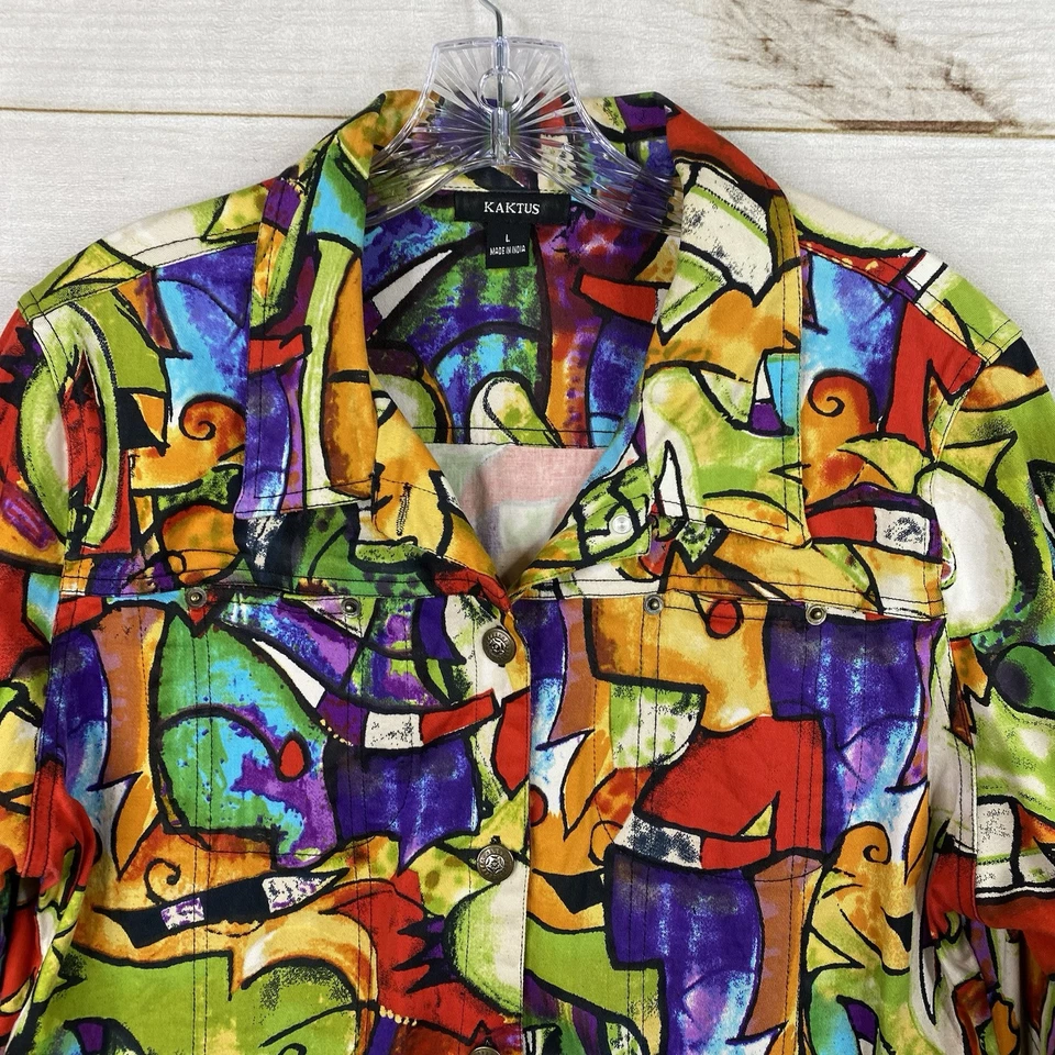Chaqueta De Colección KAKTUS Picasso Para Mujer L Colorida Arte Para Usar Años 80 Algodón Elástico Foto 2 de 4