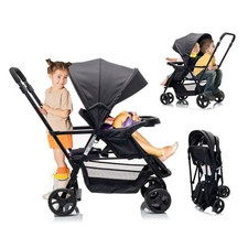 Sit and Stand Double Stroller with Standing Platform,Lightweight Travel Black