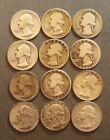 12 - Washington Silver Quarters - 90% Silver Lot - All Different Dates - (P4449)