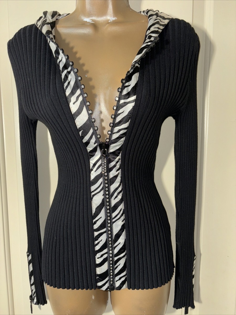 BELLDINI Black & Zebra Bling zipper Sweater Medium NWT