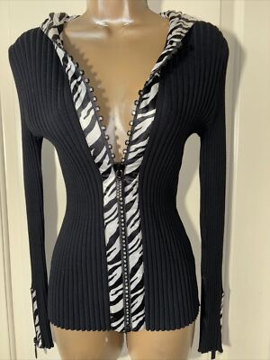 BELLDINI Black Zebra Bling zipper Sweater Medium NWT! Gorgeous!