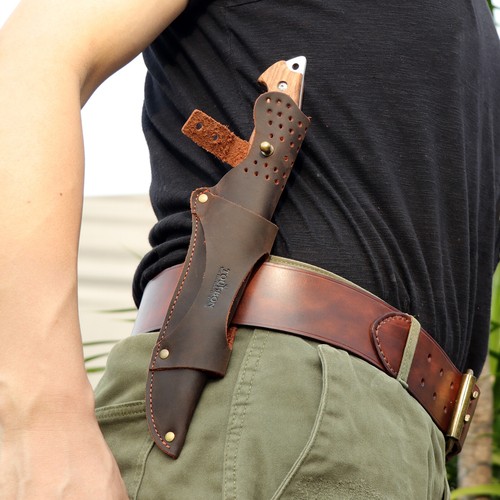 TOURBON Camping Fixed Blade Sheath Leather Knife Pouch w/ Fire Starter Slot - Picture 17 of 21
