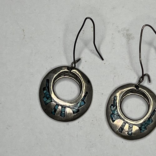 Vintage Native American Round Sterling Silver Turquoise Inlay Earrings Y49 - 第 3/6 張圖片